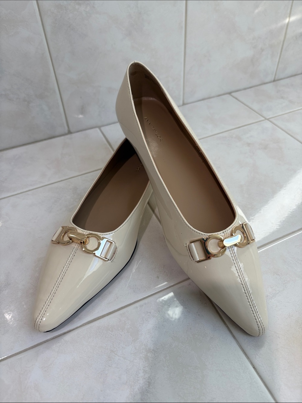 Ann Taylor Almond Toe Hardware Textured Patent Ballet Flat